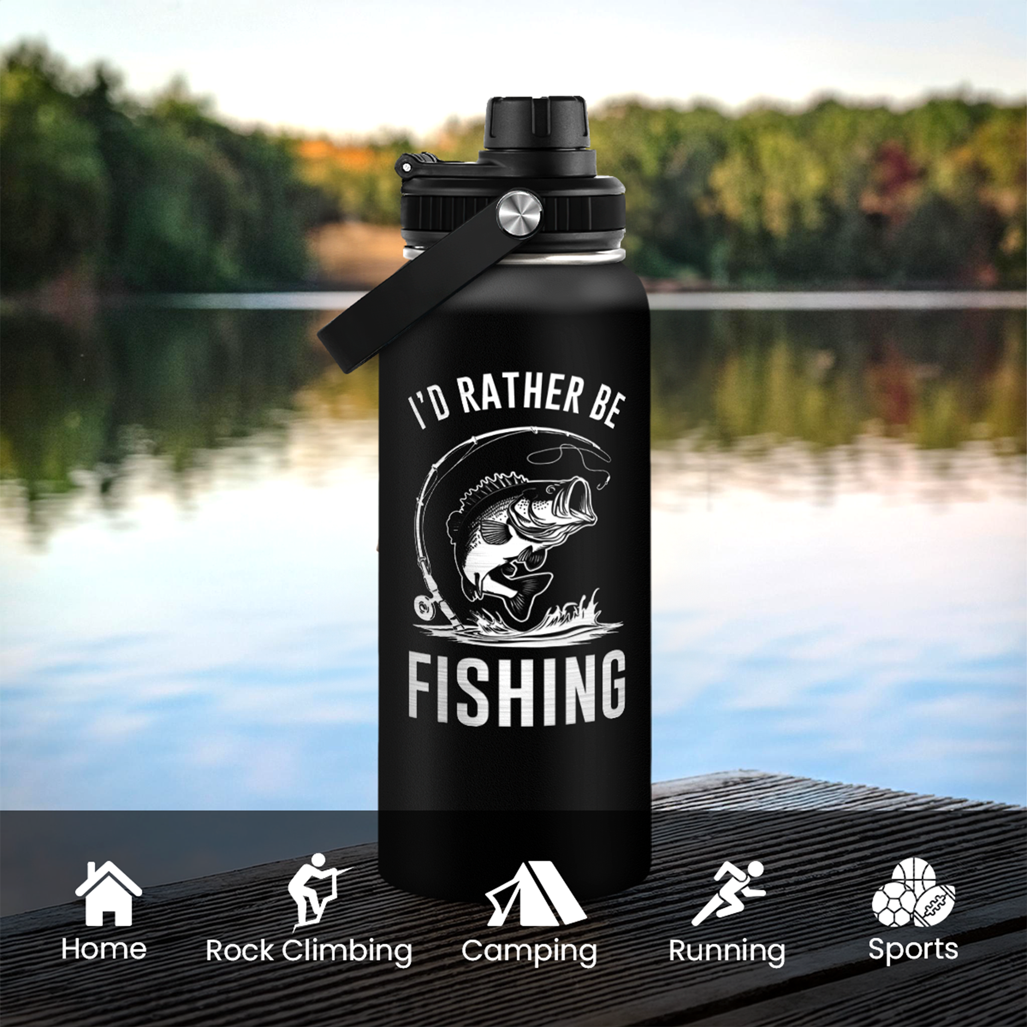Black Fishing Chug Lid Water Bottle 32oz
