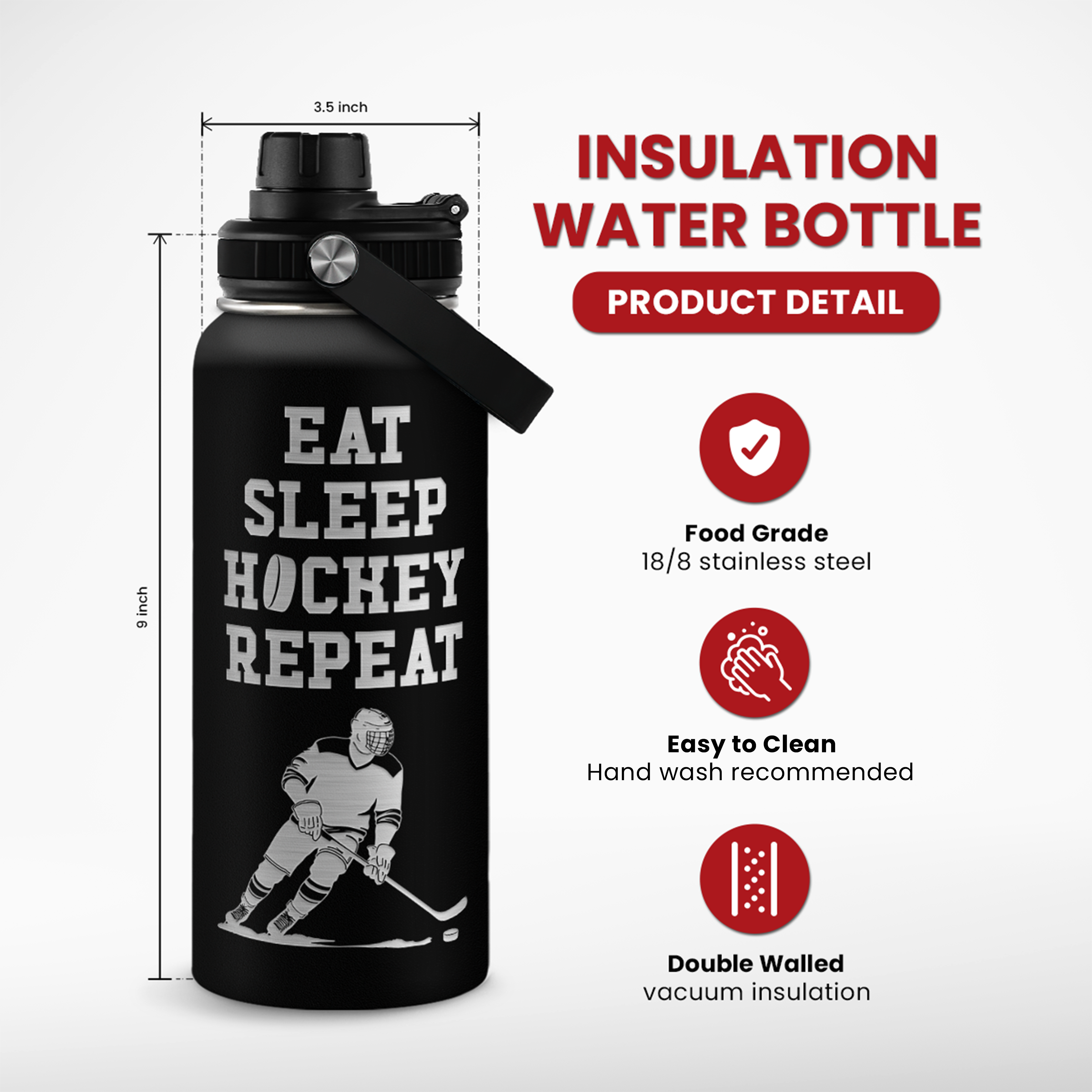 Black Ice Hockey Chug Lid Water Bottle 32oz