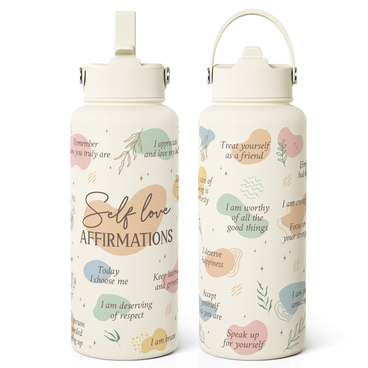 "Self Love Affirmation" Beige Inspiration SipChic | Straw Lid Water Bottle 32oz