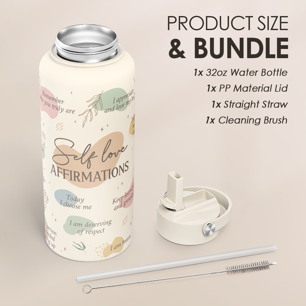 "Self Love Affirmation" Beige Inspiration SipChic | Straw Lid Water Bottle 32oz