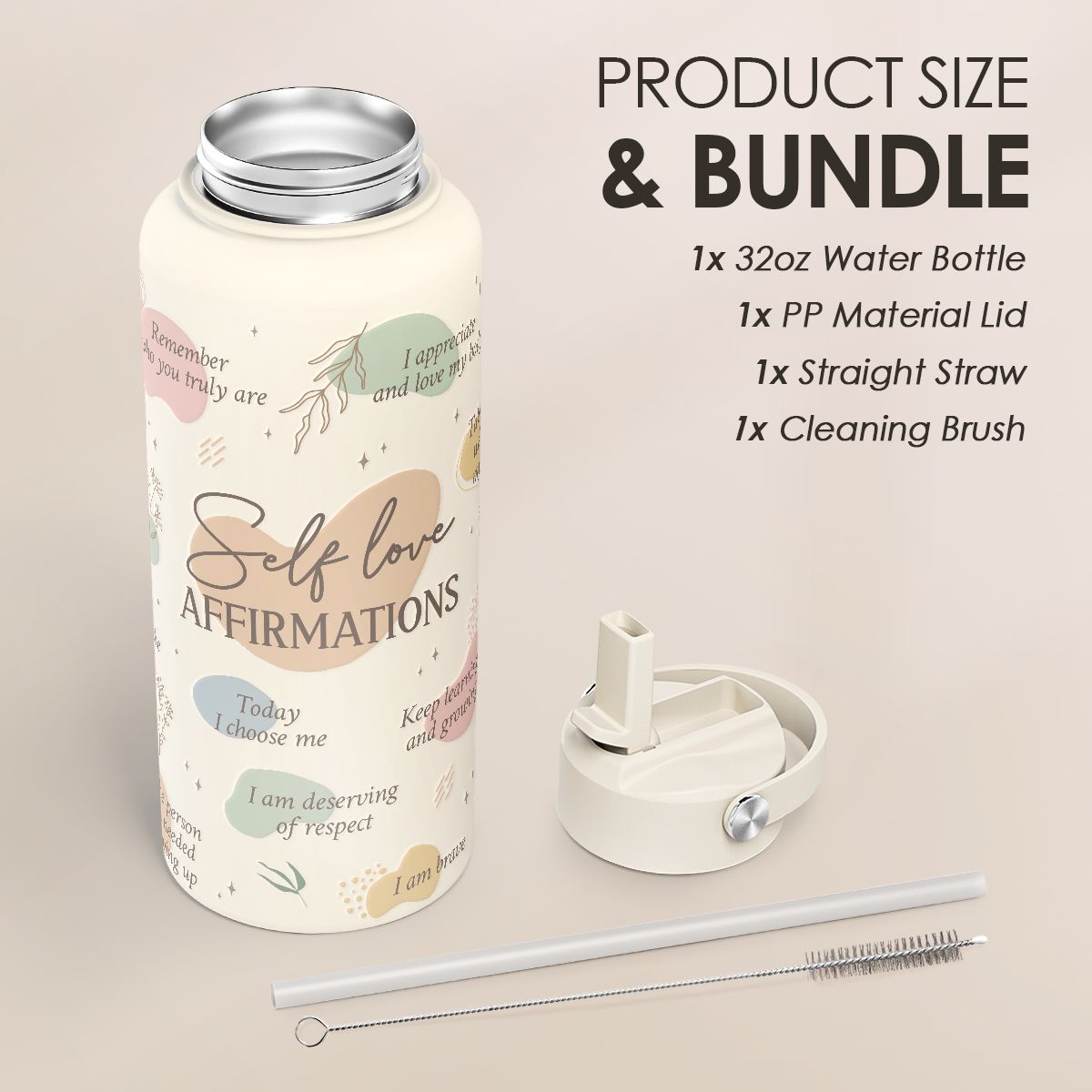 "Self Love Affirmation" Beige Inspiration SipChic | Straw Lid Water Bottle 32oz