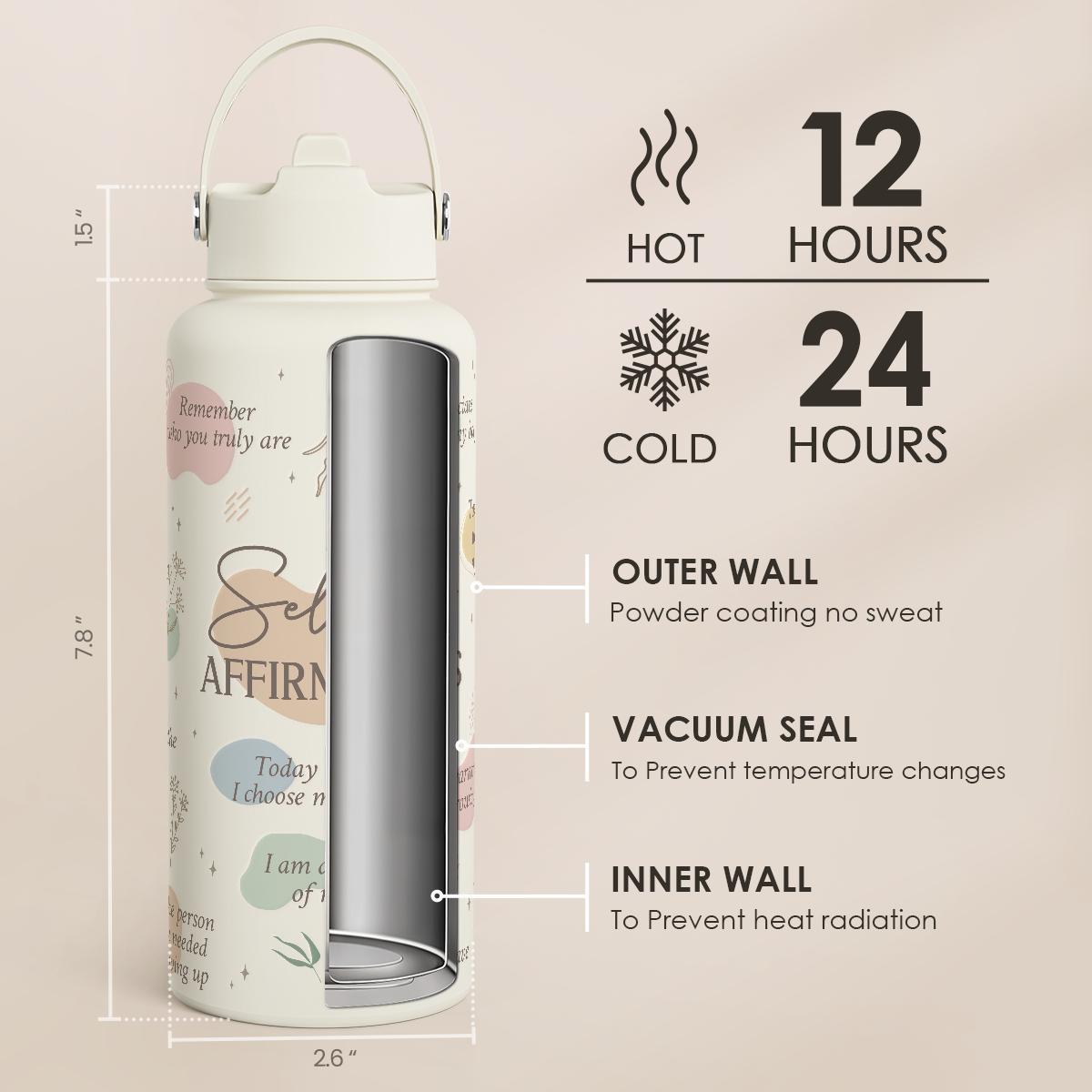 "Self Love Affirmation" Beige Inspiration SipChic | Straw Lid Water Bottle 32oz