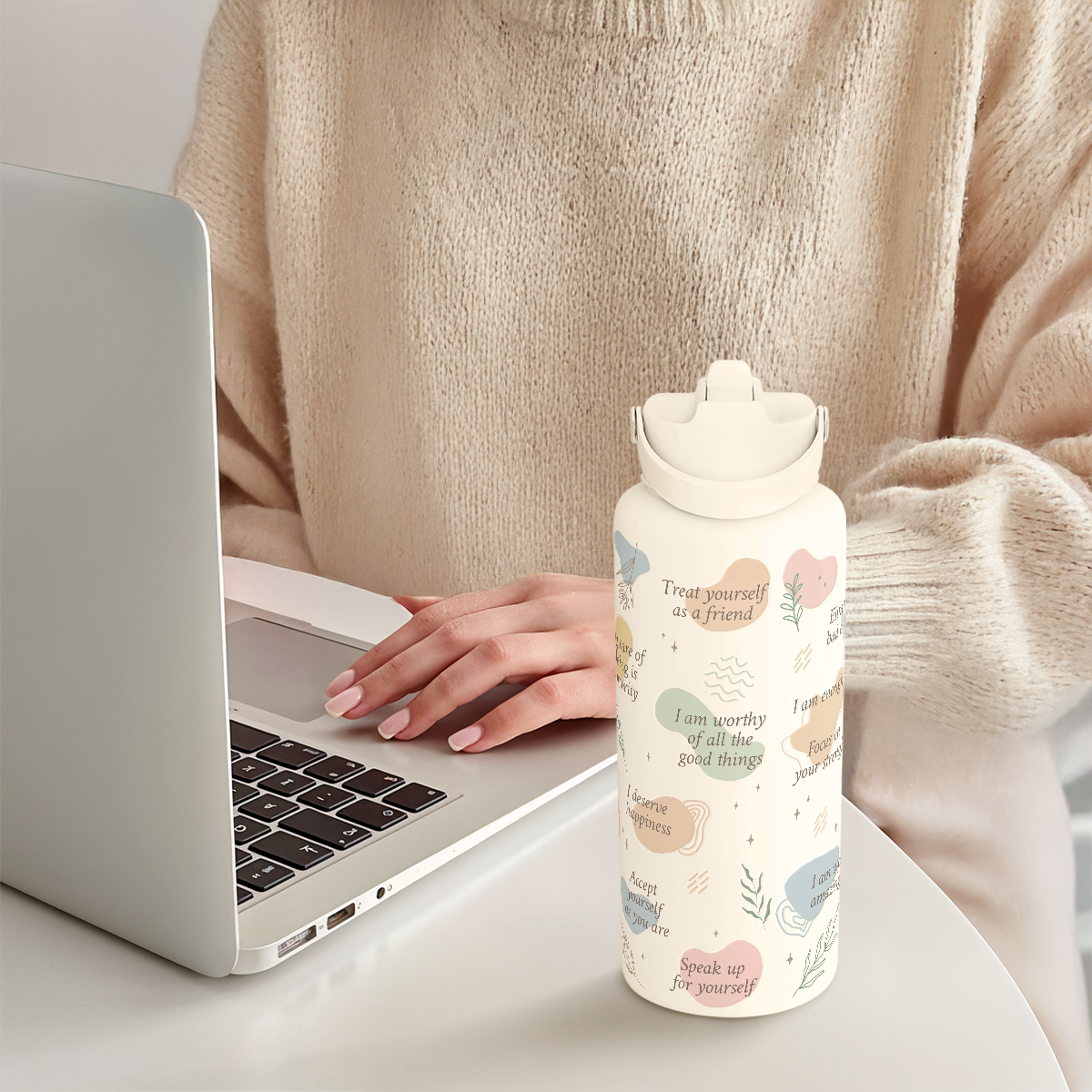 "Self Love Affirmation" Beige Inspiration SipChic | Straw Lid Water Bottle 32oz