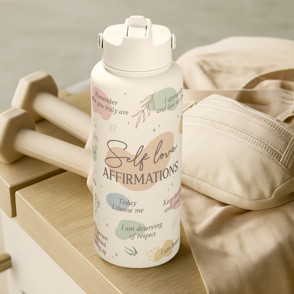 "Self Love Affirmation" Beige Inspiration SipChic | Straw Lid Water Bottle 32oz