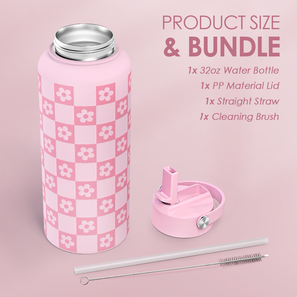 Pink Checker Daisy SipChic | Straw Lid Water Bottle 32oz