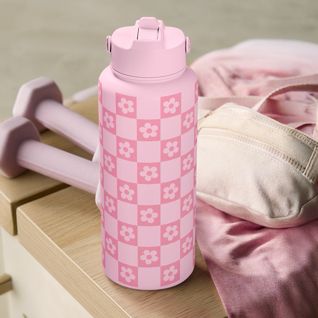 Pink Checker Daisy SipChic | Straw Lid Water Bottle 32oz