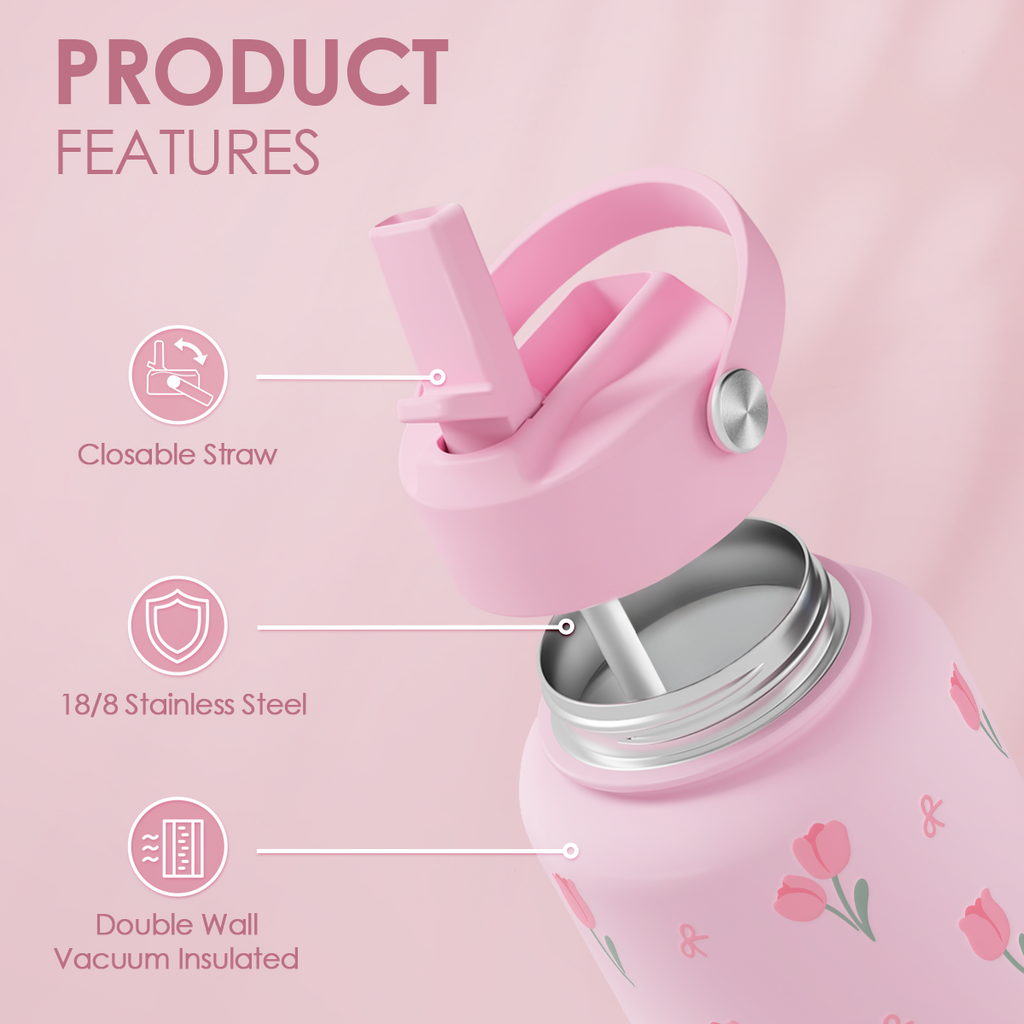 Pink Floral Tulip SipChic | Straw Lid Water Bottle 32oz
