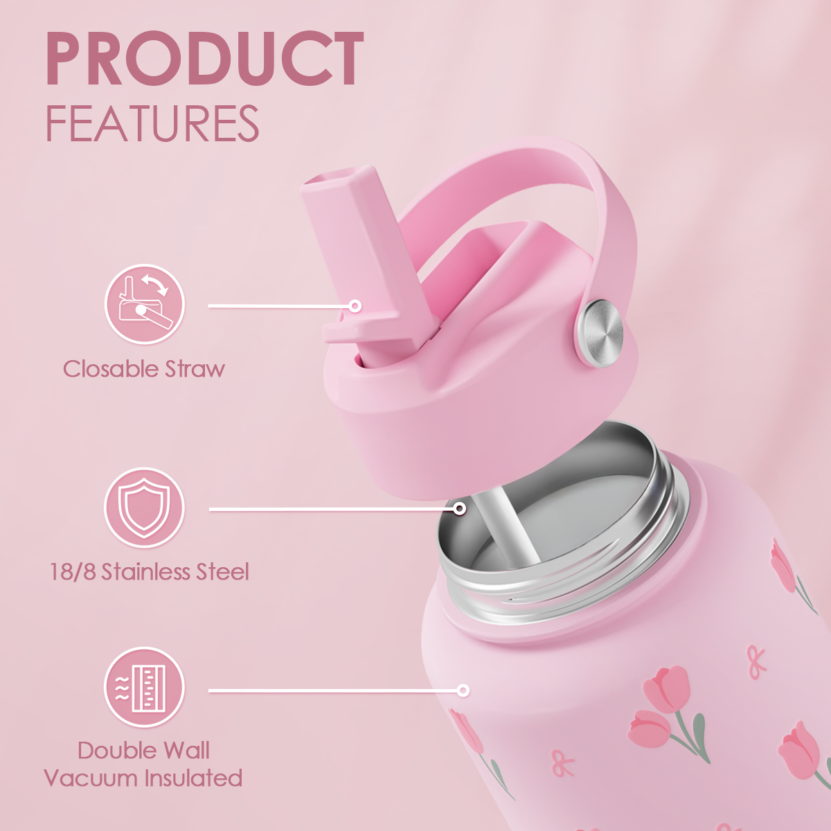 Pink Floral Tulip SipChic | Straw Lid Water Bottle 32oz