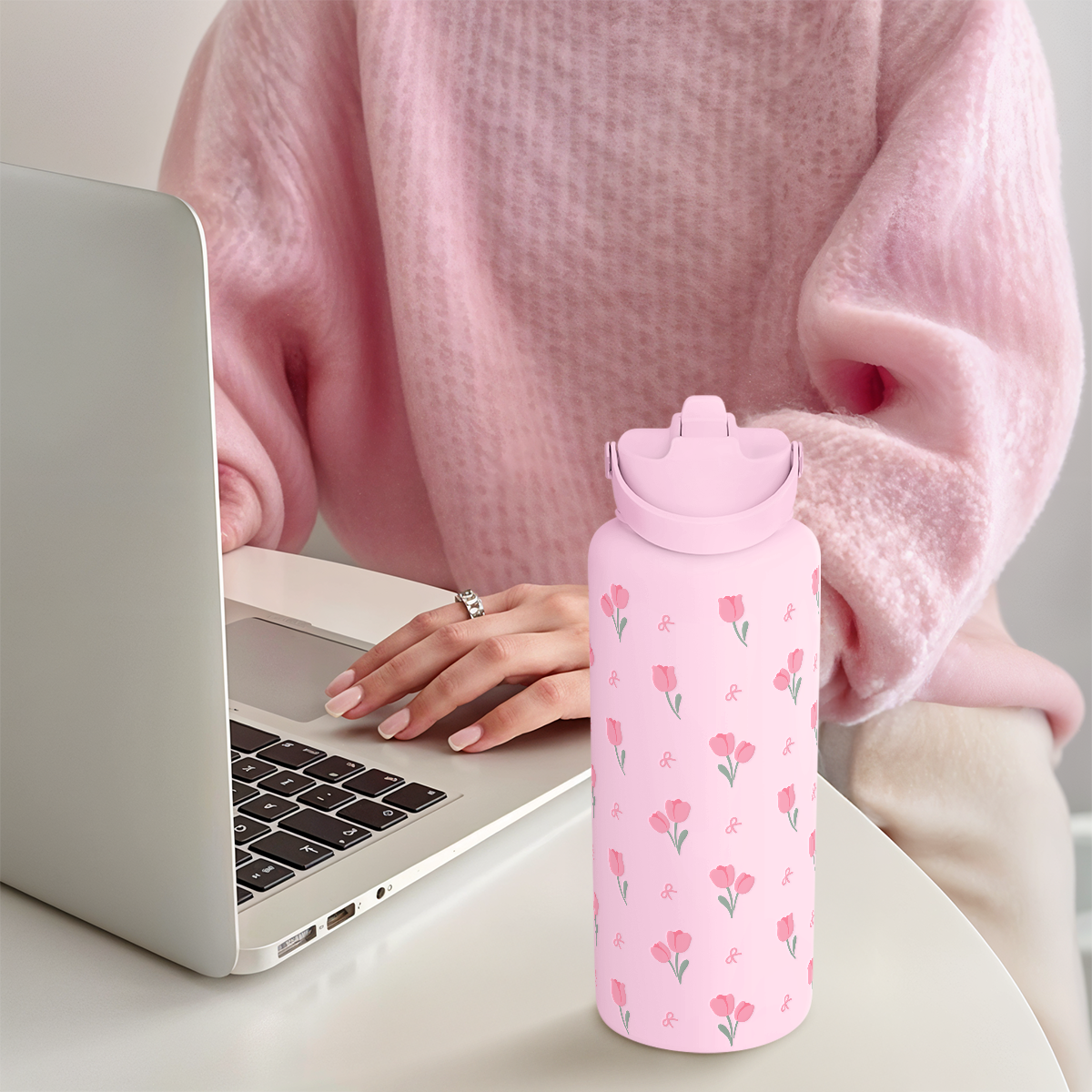 Pink Floral Tulip SipChic | Straw Lid Water Bottle 32oz