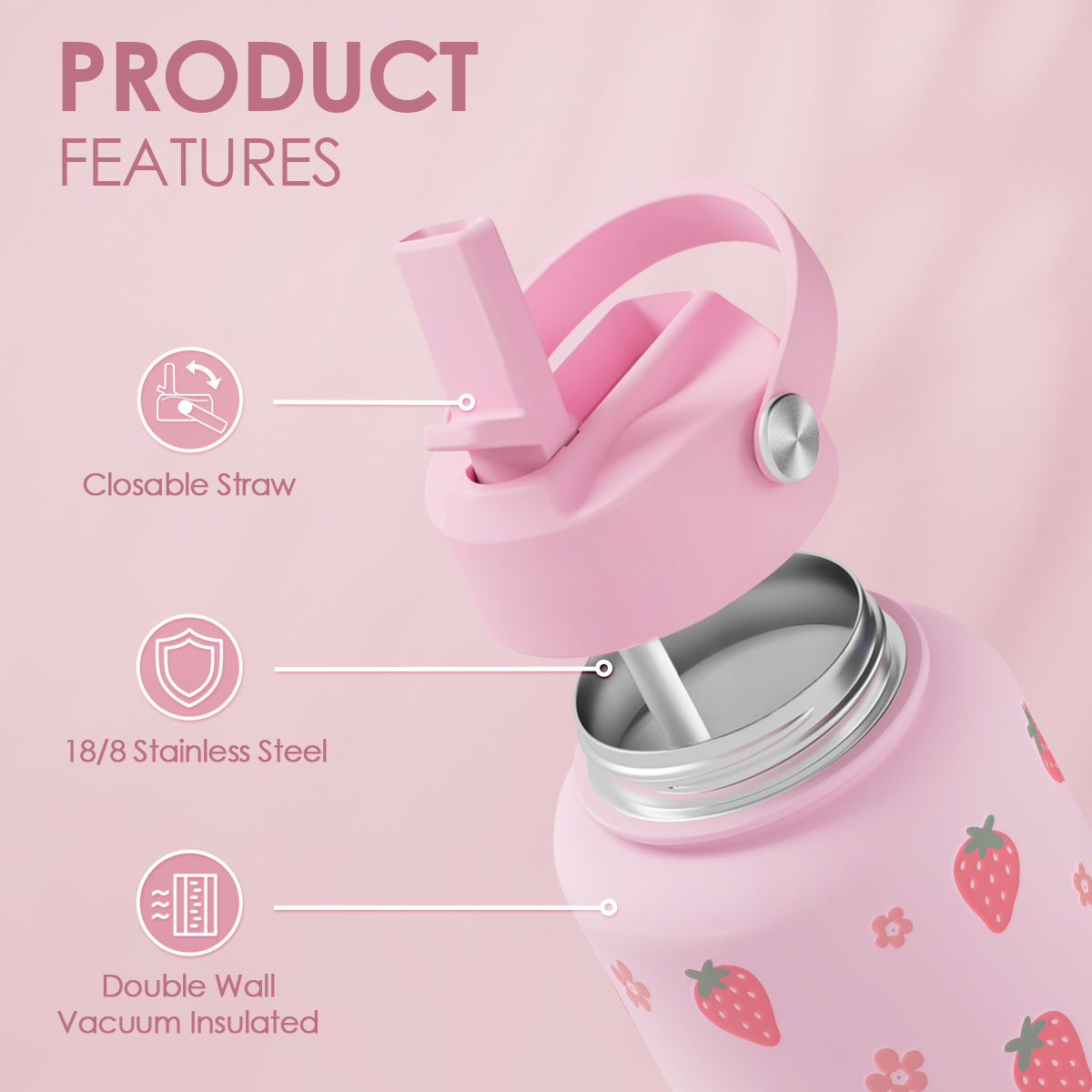 Pink Strawberry SipChic | Straw Lid Water Bottle 32oz