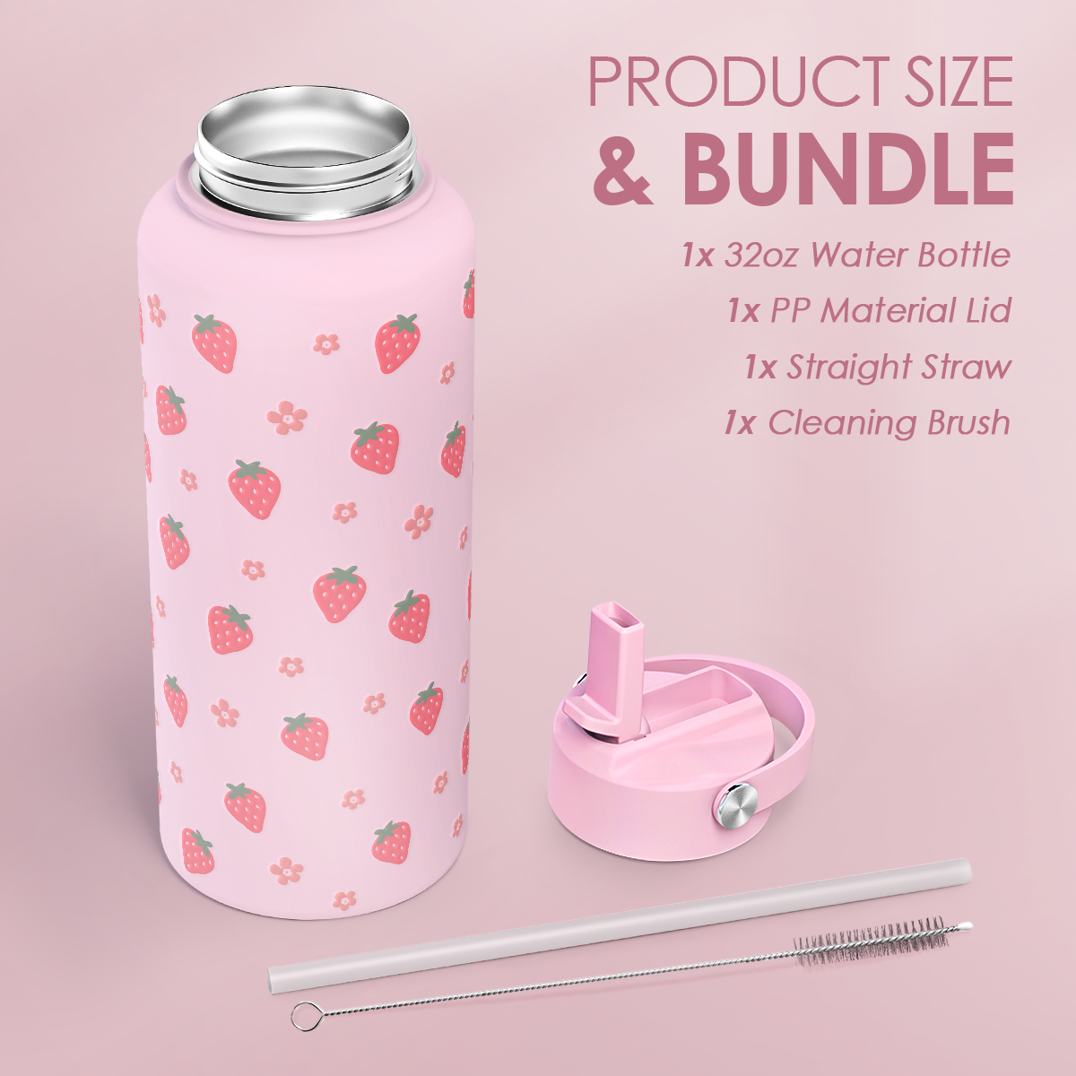 Pink Strawberry SipChic | Straw Lid Water Bottle 32oz
