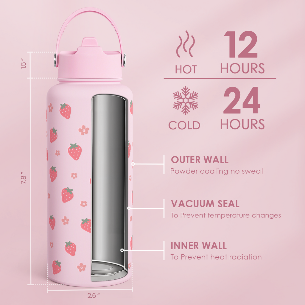 Pink Strawberry SipChic | Straw Lid Water Bottle 32oz