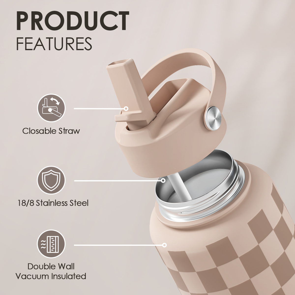 Brown Checker SipChic | Straw Lid Water Bottle 32oz