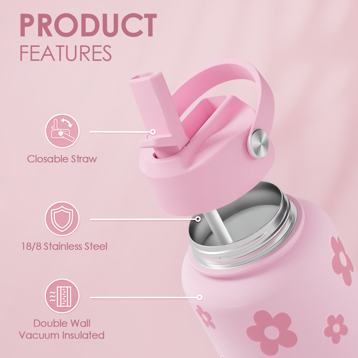 Pink Daisy SipChic | Straw Lid Water Bottle 32oz