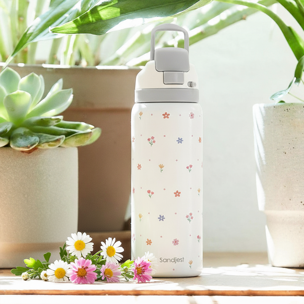Grey Floral VividPop | Push-button Lid Water Bottle 32oz