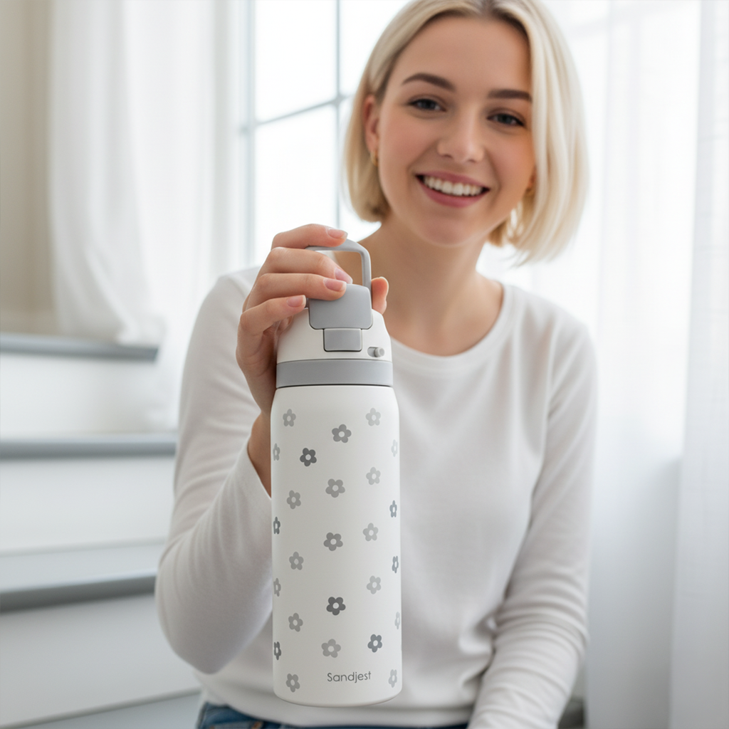 Grey Floral VividPop | Push-button Lid Water Bottle 32oz