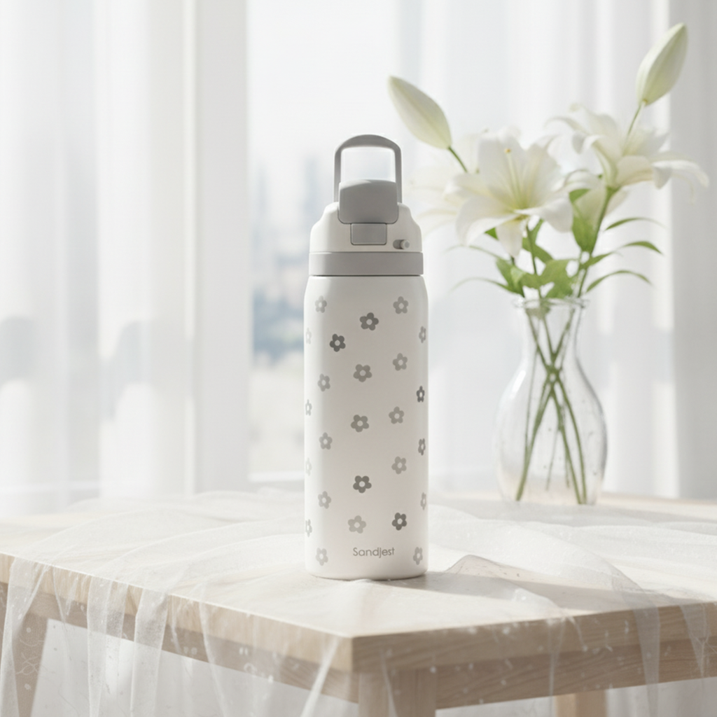 Grey Floral VividPop | Push-button Lid Water Bottle 32oz