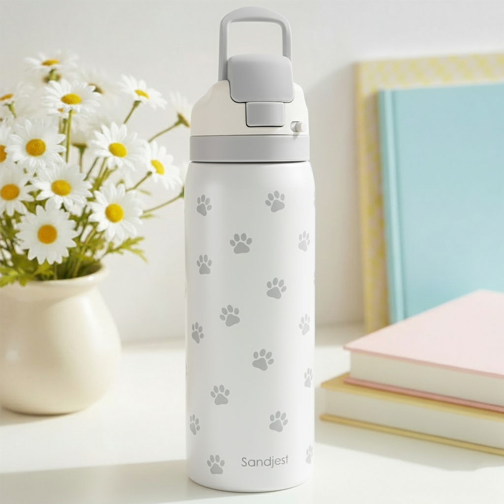 Grey Paw Print VividPop | Push-button Lid Water Bottle 32oz