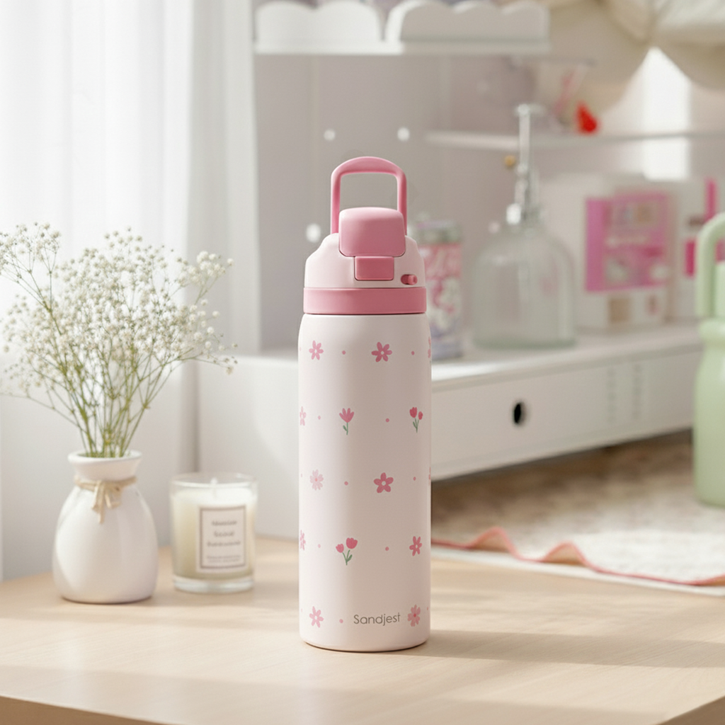 Pink Floral VividPop | Push-button Lid Water Bottle 32oz