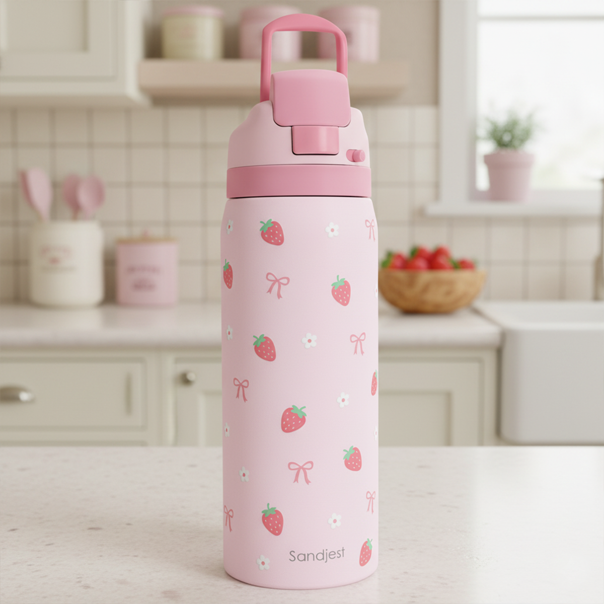 Pink Strawberry VividPop | Push-button Lid Water Bottle 32oz