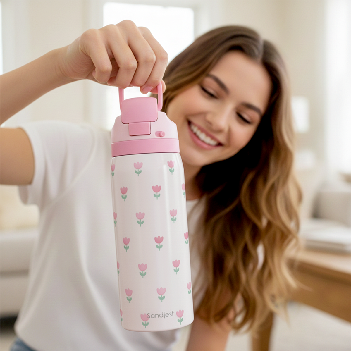 Pink Tulip VividPop | Push-button Lid Water Bottle 32oz