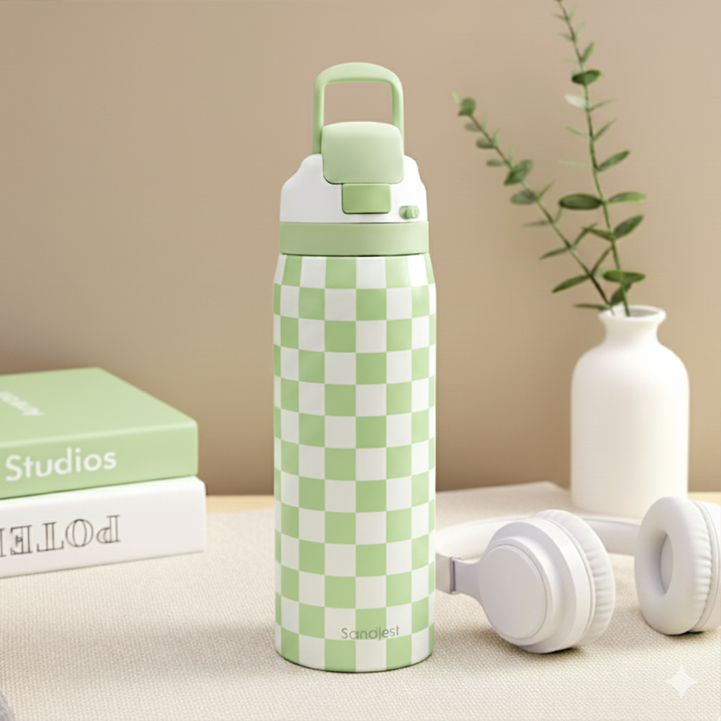 Green Checker VividPop | Push-button Lid Water Bottle 32oz