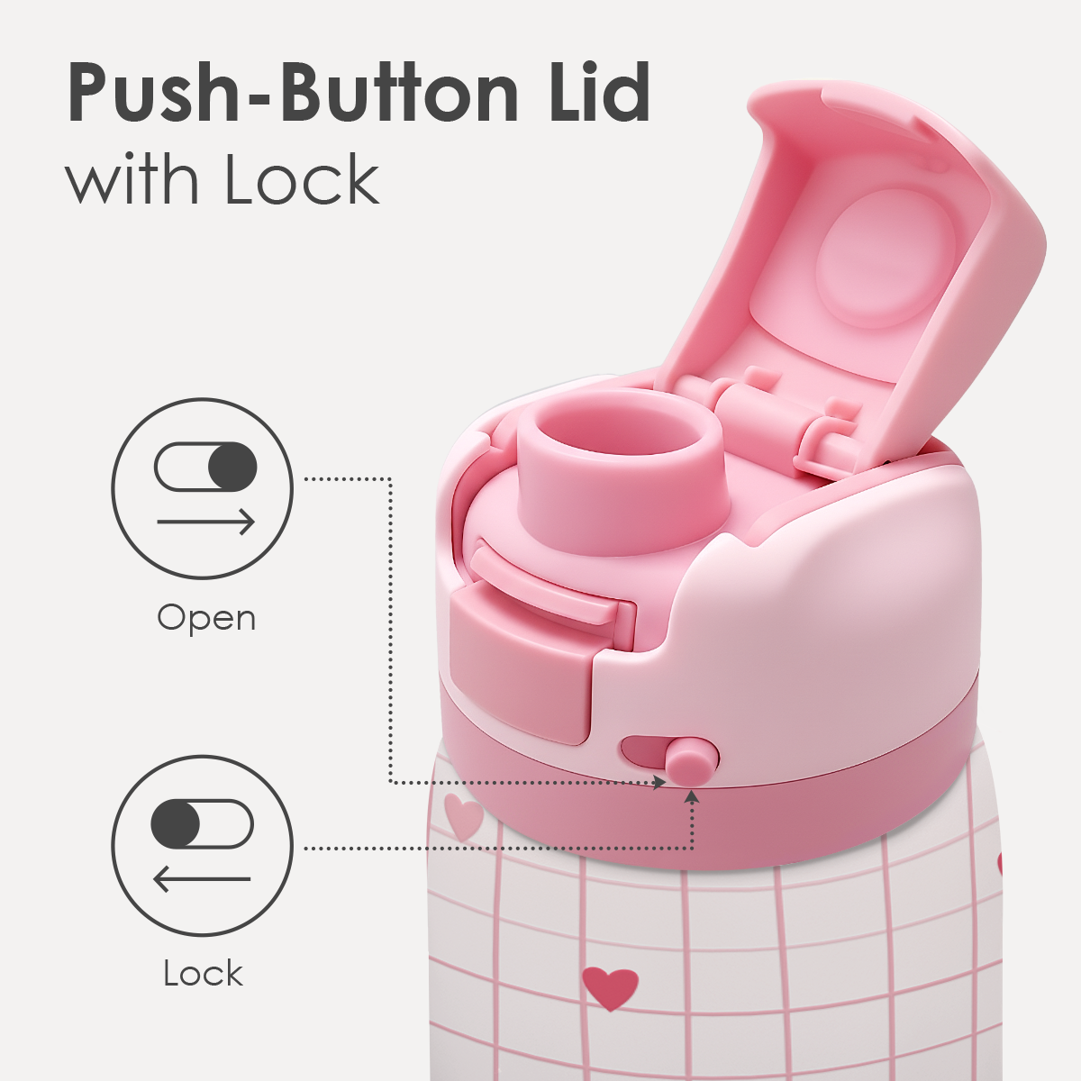 Pink Heart Grid VividPop | Push-button Lid Water Bottle 32oz
