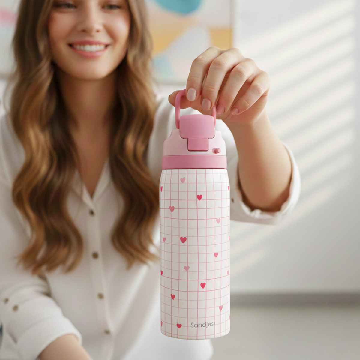 Pink Heart Grid VividPop | Push-button Lid Water Bottle 32oz