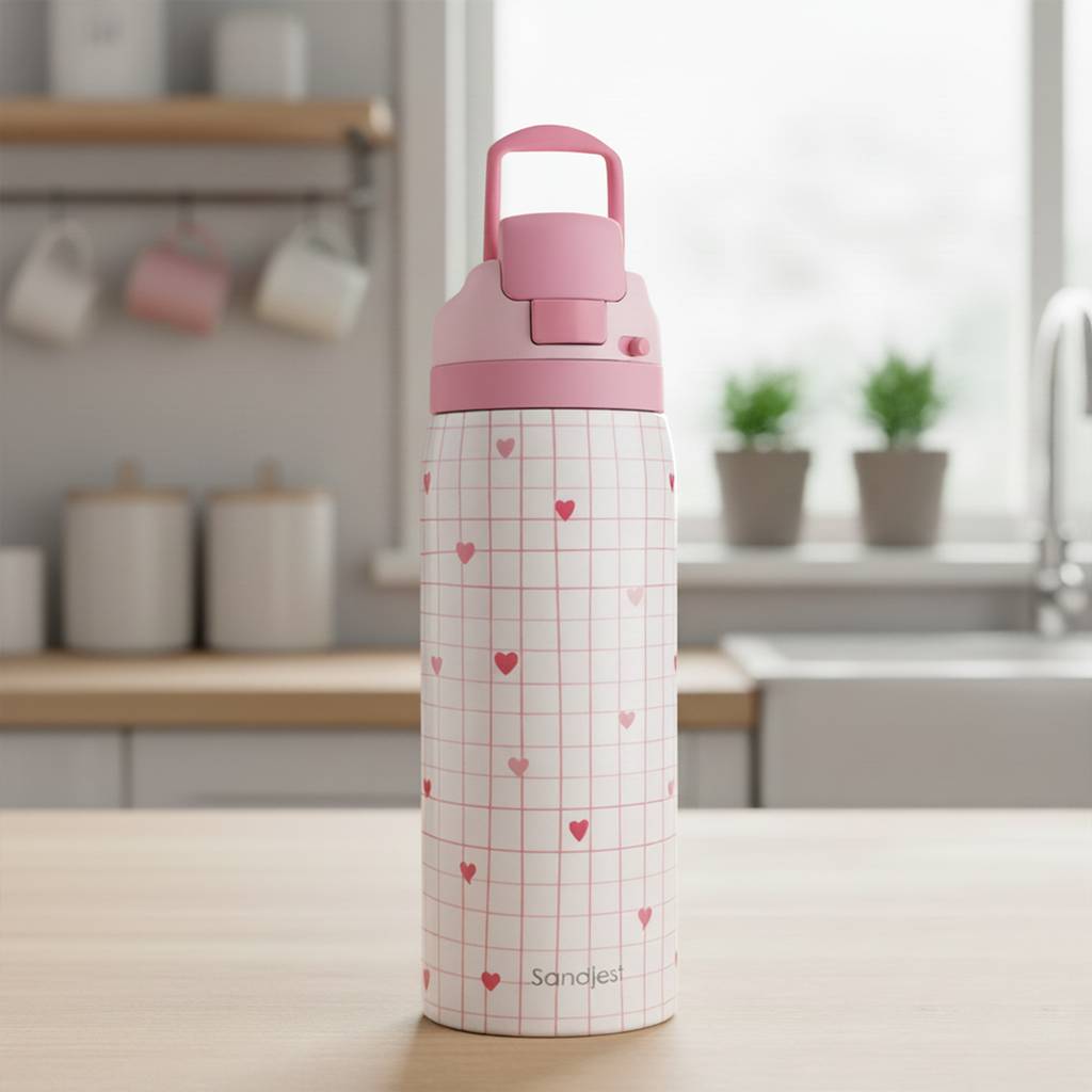 Pink Heart Grid VividPop | Push-button Lid Water Bottle 32oz