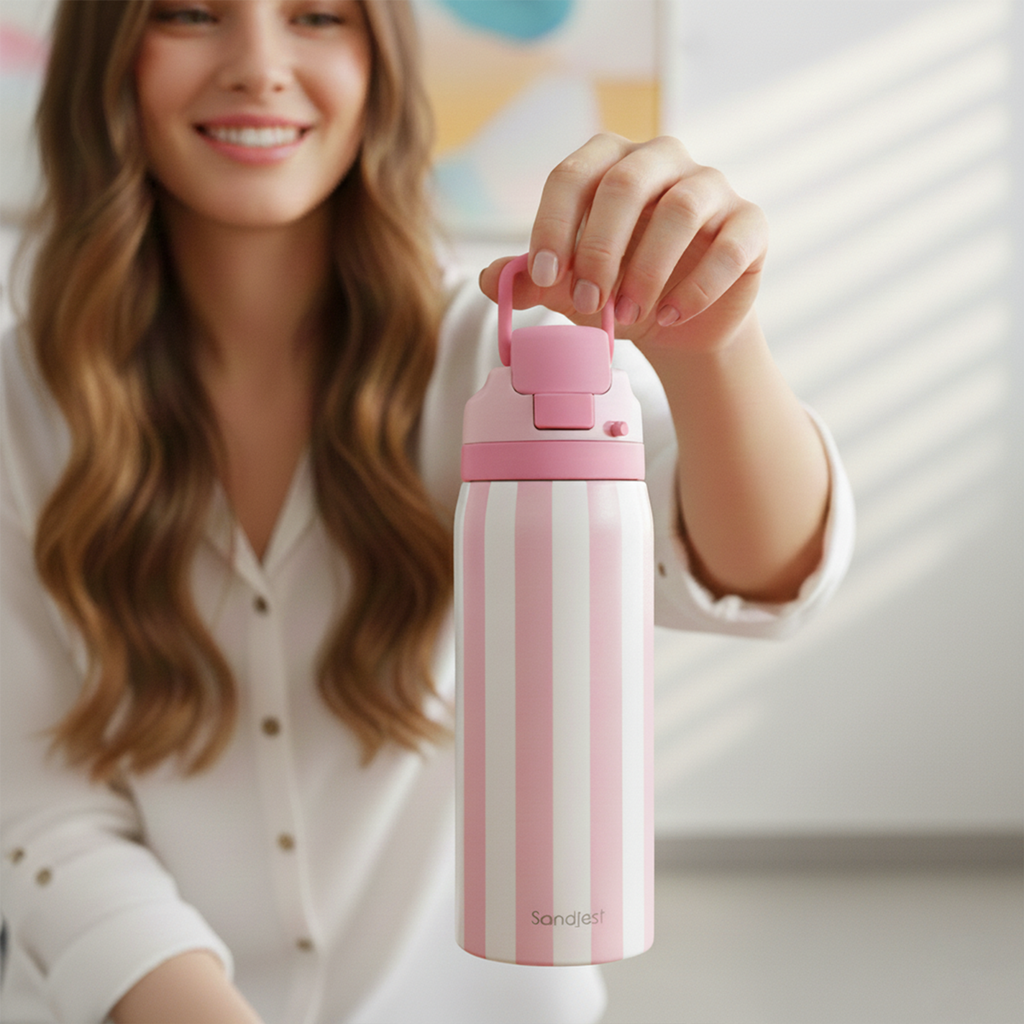Pink Stripe VividPop | Push-button Lid Water Bottle 32oz