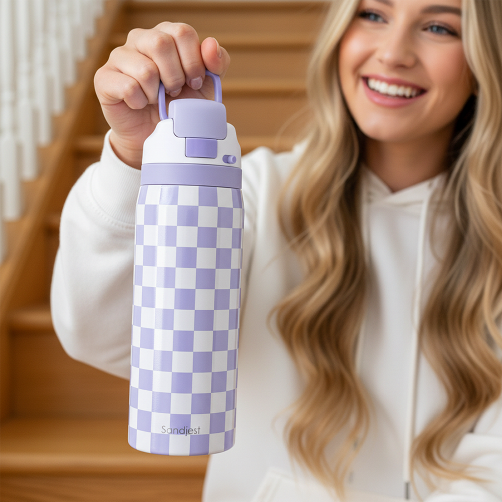 Purple Checker VividPop | Push-button Lid Water Bottle 32oz