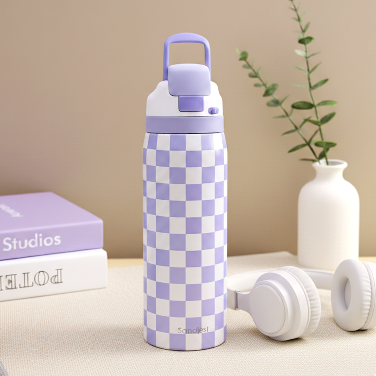 Purple Checker VividPop | Push-button Lid Water Bottle 32oz