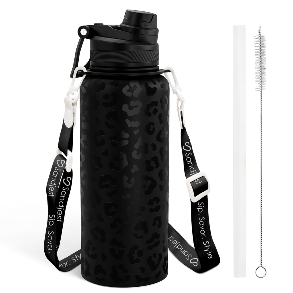 Black Leopard CamelMate | 2-in-1 Lid Water Bottle with Strap 32oz