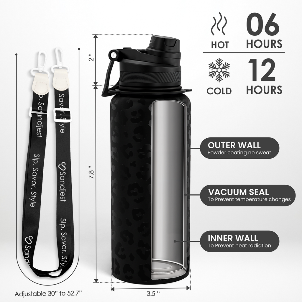 Black Leopard CamelMate | 2-in-1 Lid Water Bottle with Strap 32oz