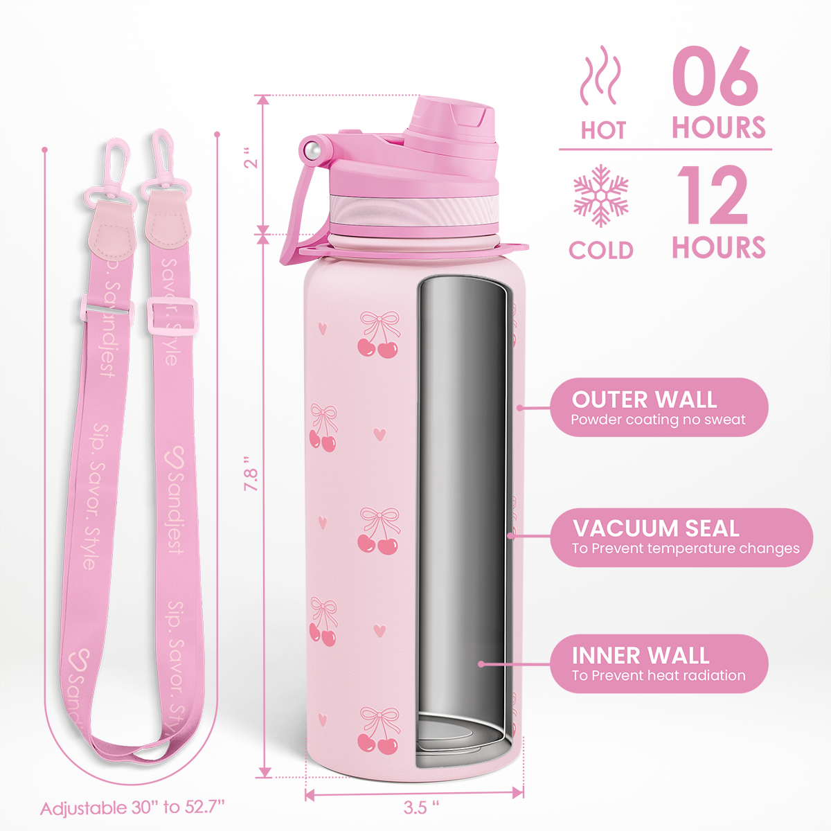 Pink Cherry CamelMate | 2-in-1 Lid Water Bottle with Strap 32oz