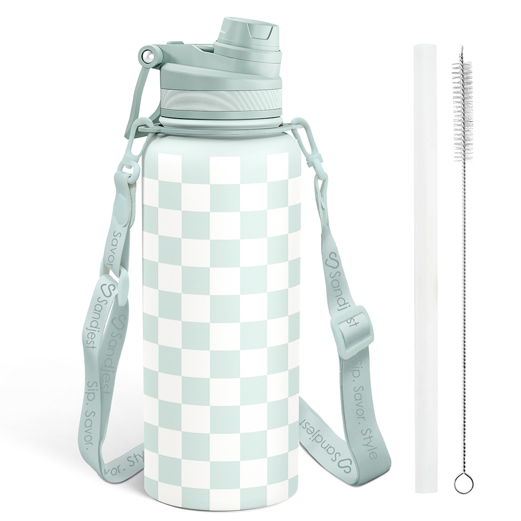Mint Checker CamelMate | 2-in-1 Lid Water Bottle with Strap 32oz
