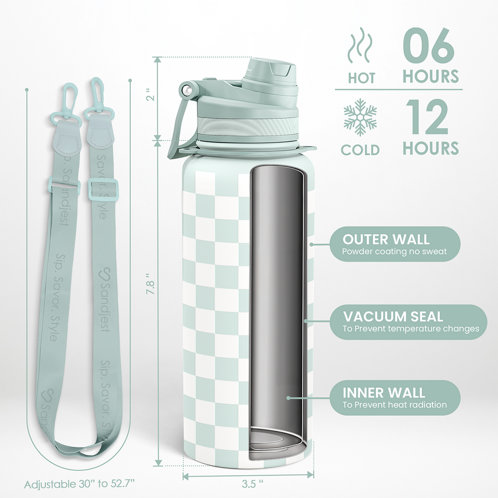 Mint Checker CamelMate | 2-in-1 Lid Water Bottle with Strap 32oz