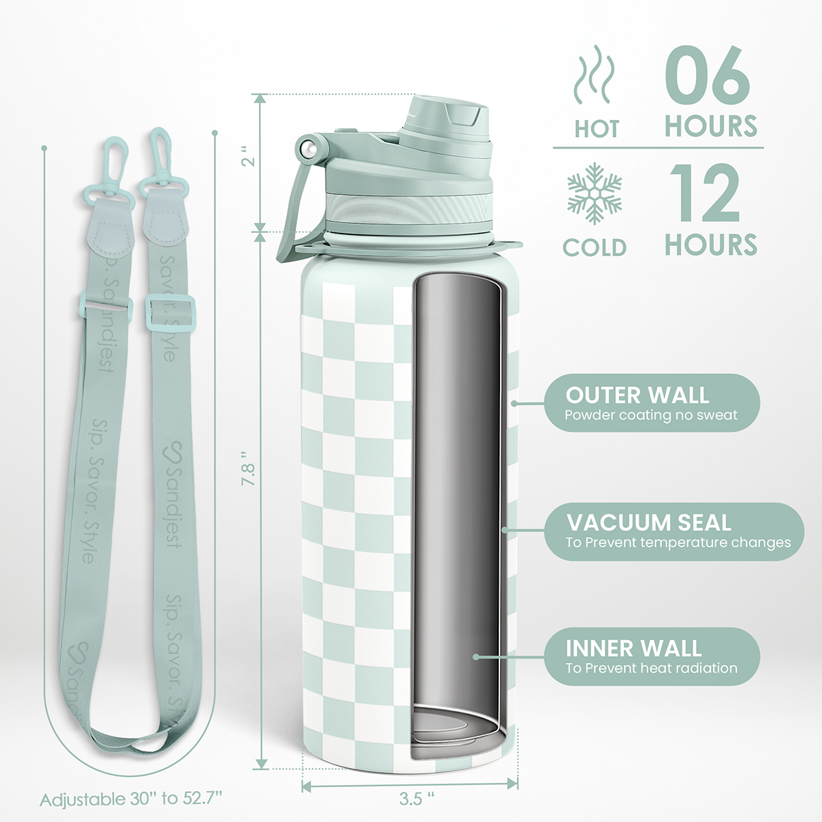 Mint Checker CamelMate | 2-in-1 Lid Water Bottle with Strap 32oz