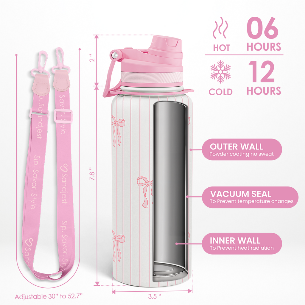 Pink Bow CamelMate | 2-in-1 Lid Water Bottle with Strap 32oz