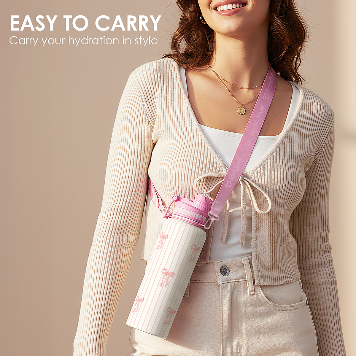 Pink Bow CamelMate | 2-in-1 Lid Water Bottle with Strap 32oz