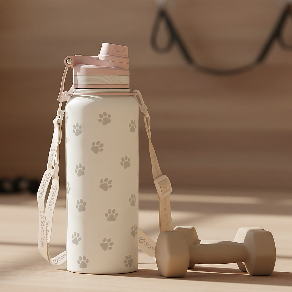Brown Paw Print CamelMate | 2-in-1 Lid Water Bottle with Strap 32oz