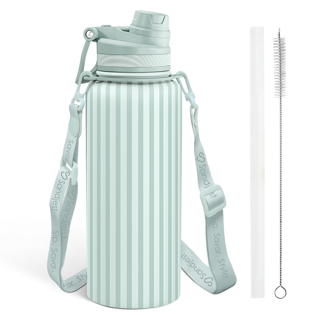 Mint Stripe CamelMate | 2-in-1 Lid Water Bottle with Strap 32oz