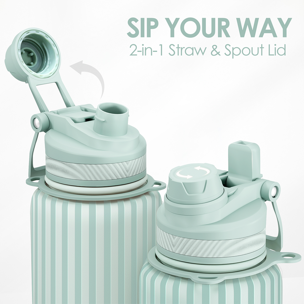 Mint Stripe CamelMate | 2-in-1 Lid Water Bottle with Strap 32oz