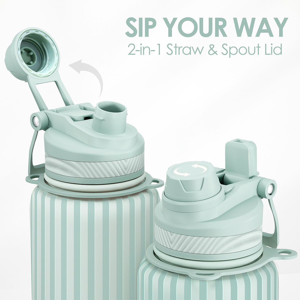 Mint Stripe CamelMate | 2-in-1 Lid Water Bottle with Strap 32oz