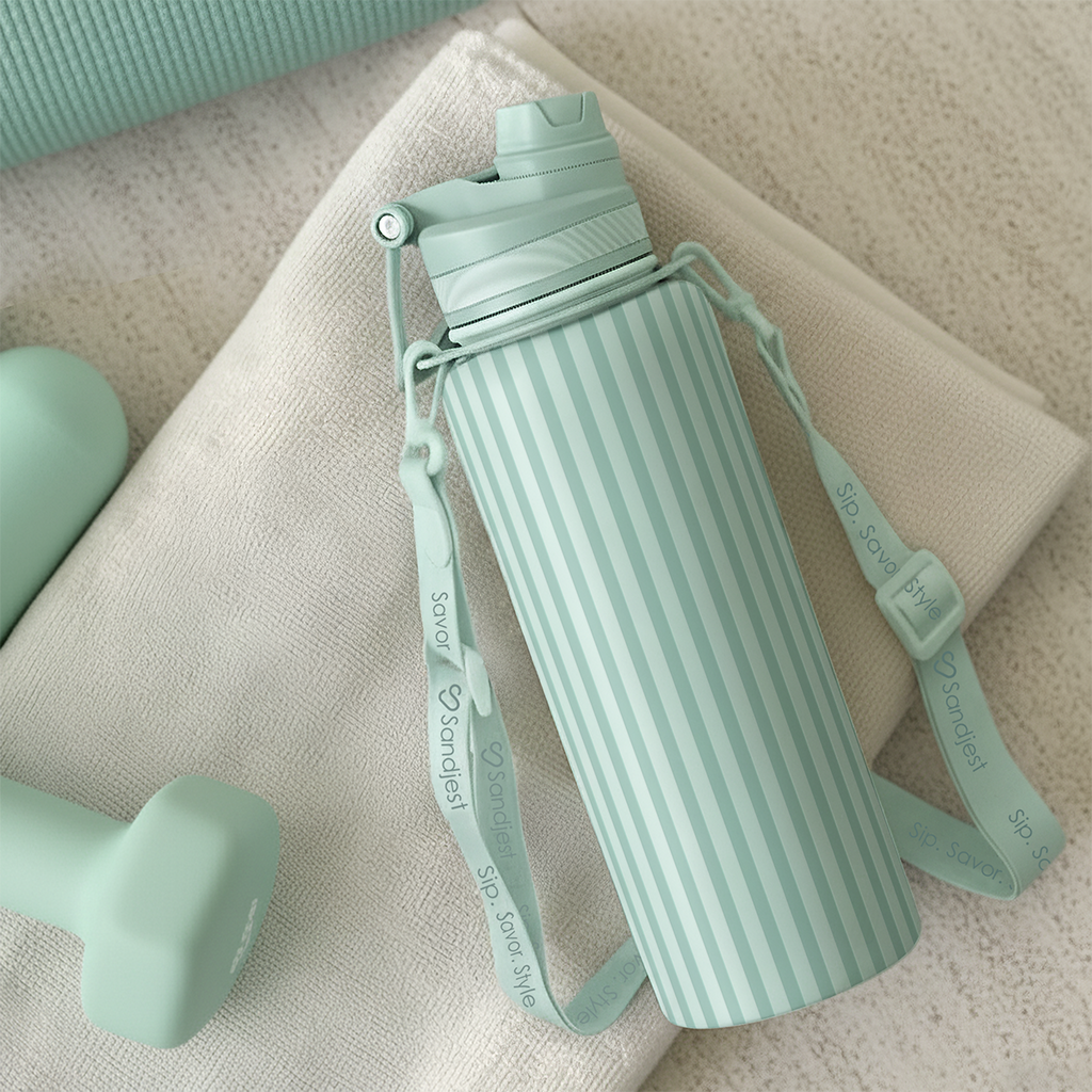 Mint Stripe CamelMate | 2-in-1 Lid Water Bottle with Strap 32oz