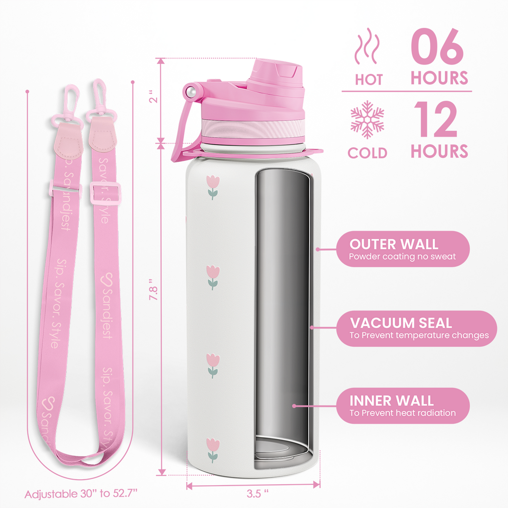Pink Tulip CamelMate | 2-in-1 Lid Water Bottle with Strap 32oz