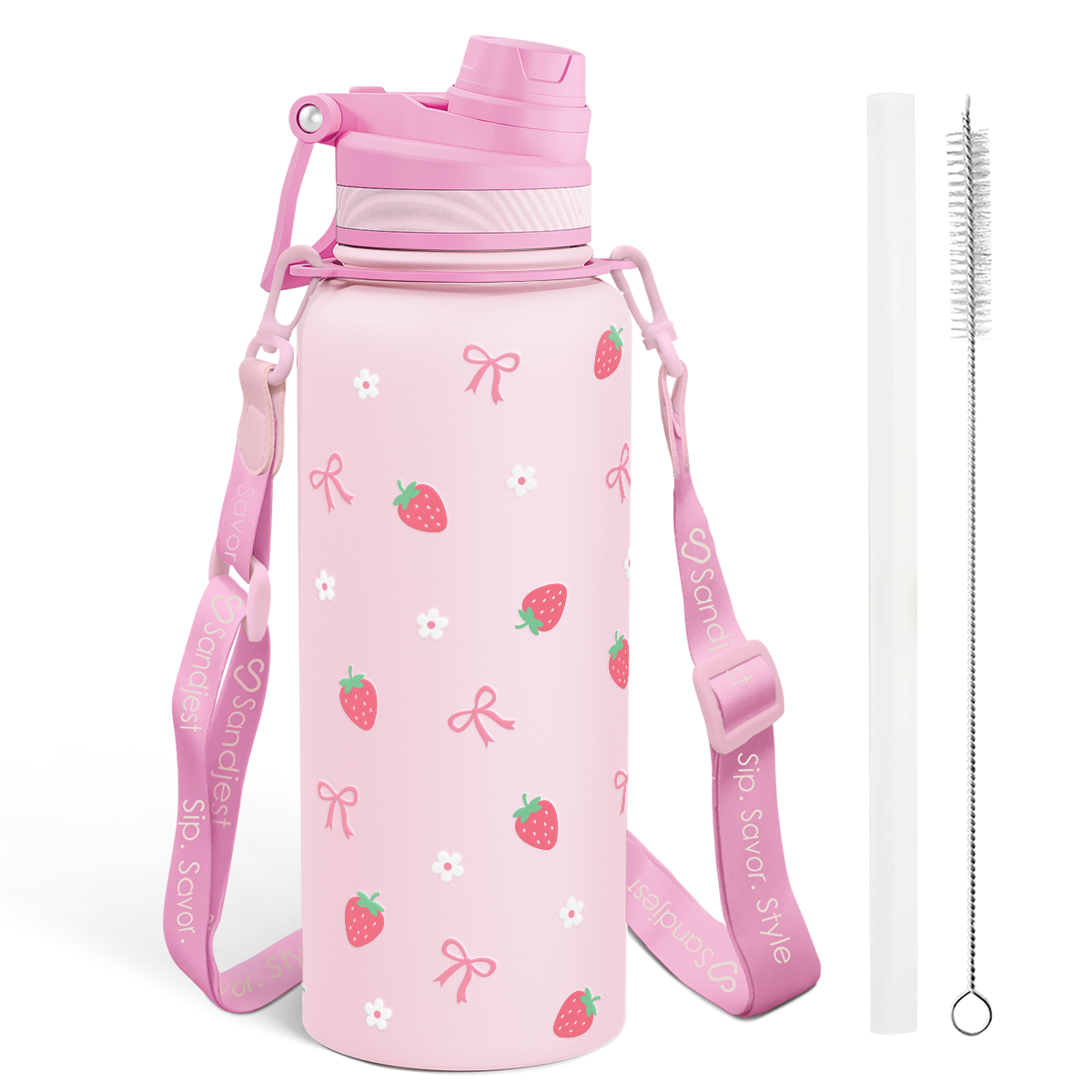 Pink Strawberry CamelMate | 2-in-1 Lid Water Bottle with Strap 32oz