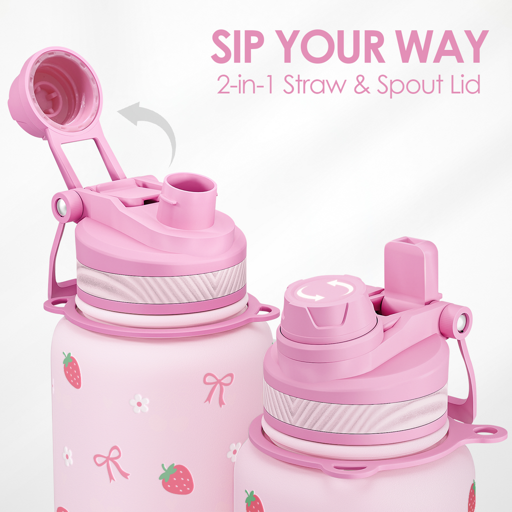 Pink Strawberry CamelMate | 2-in-1 Lid Water Bottle with Strap 32oz