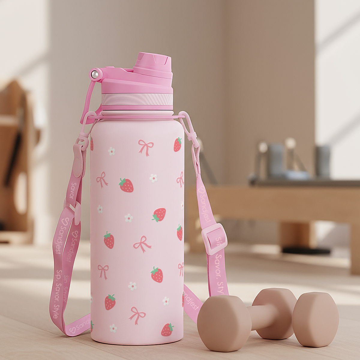 Pink Strawberry CamelMate | 2-in-1 Lid Water Bottle with Strap 32oz