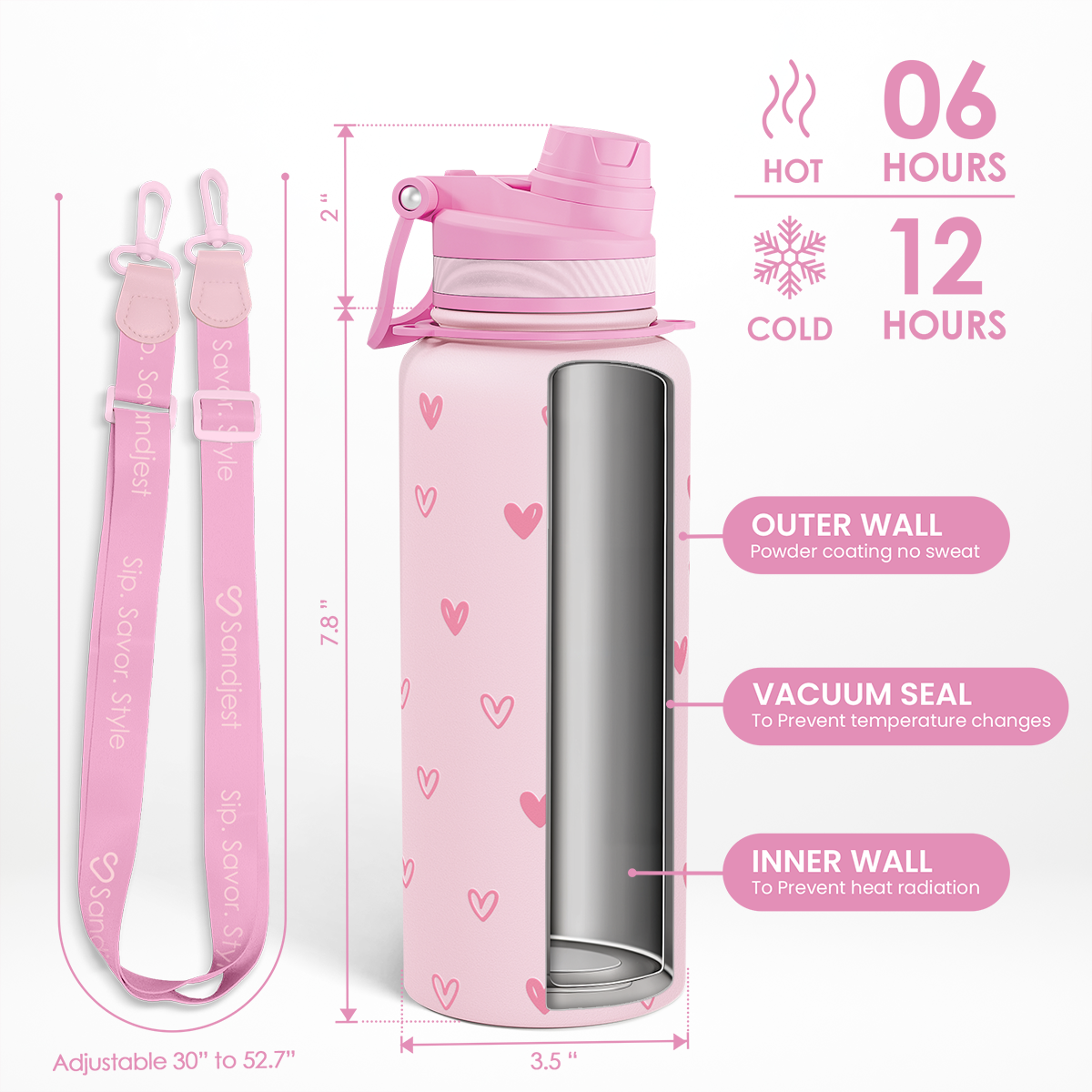 Pink Heart CamelMate | 2-in-1 Lid Water Bottle with Strap 32oz